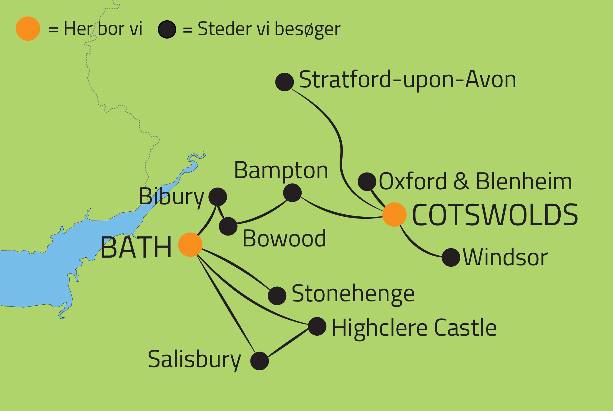 Kort over rejsen til England med bes�g p� Downton Abbey